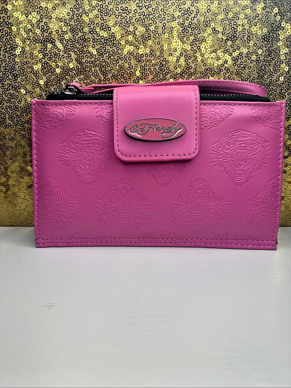 Ed Hardy Pink & Black Wristlet Wallet Like New